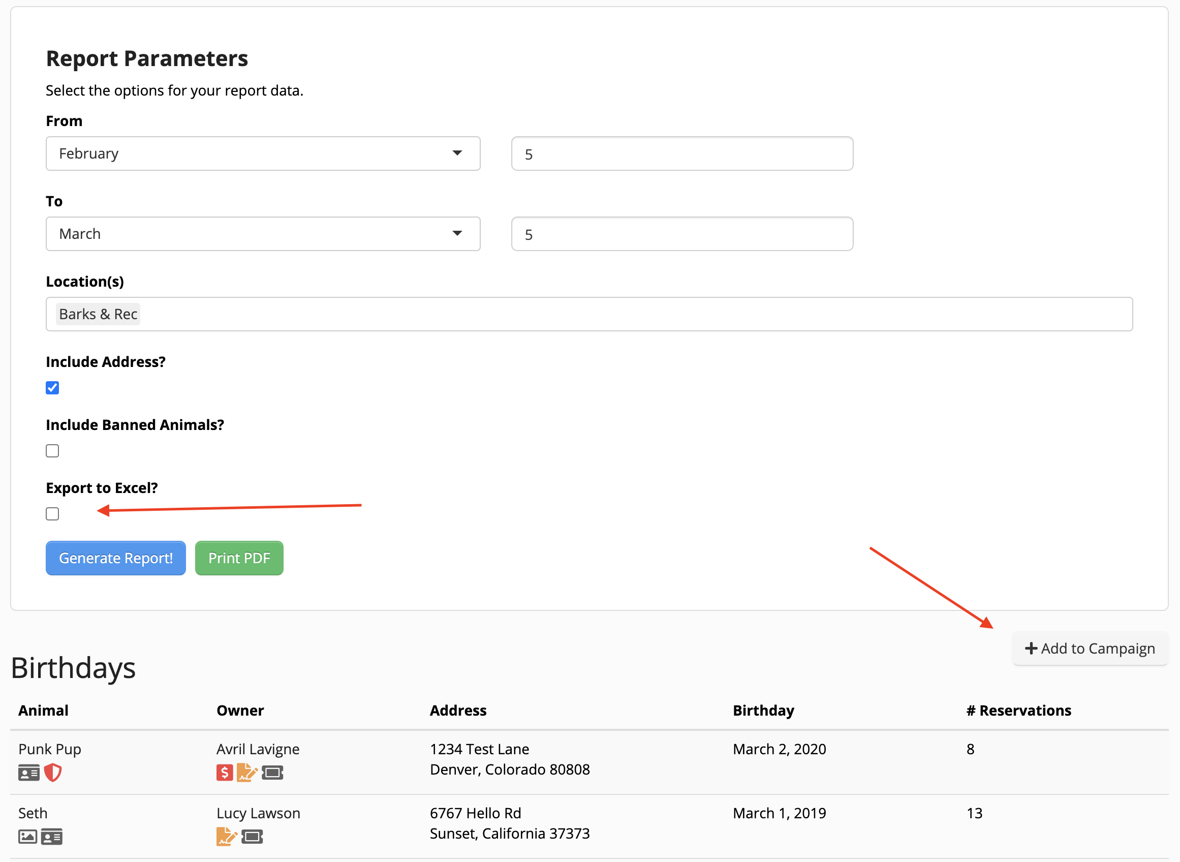 Report parameters and birthdays table interface.