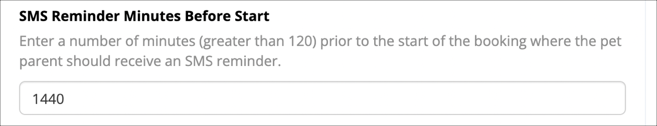 SMS reminder setup with 1440 minutes input.