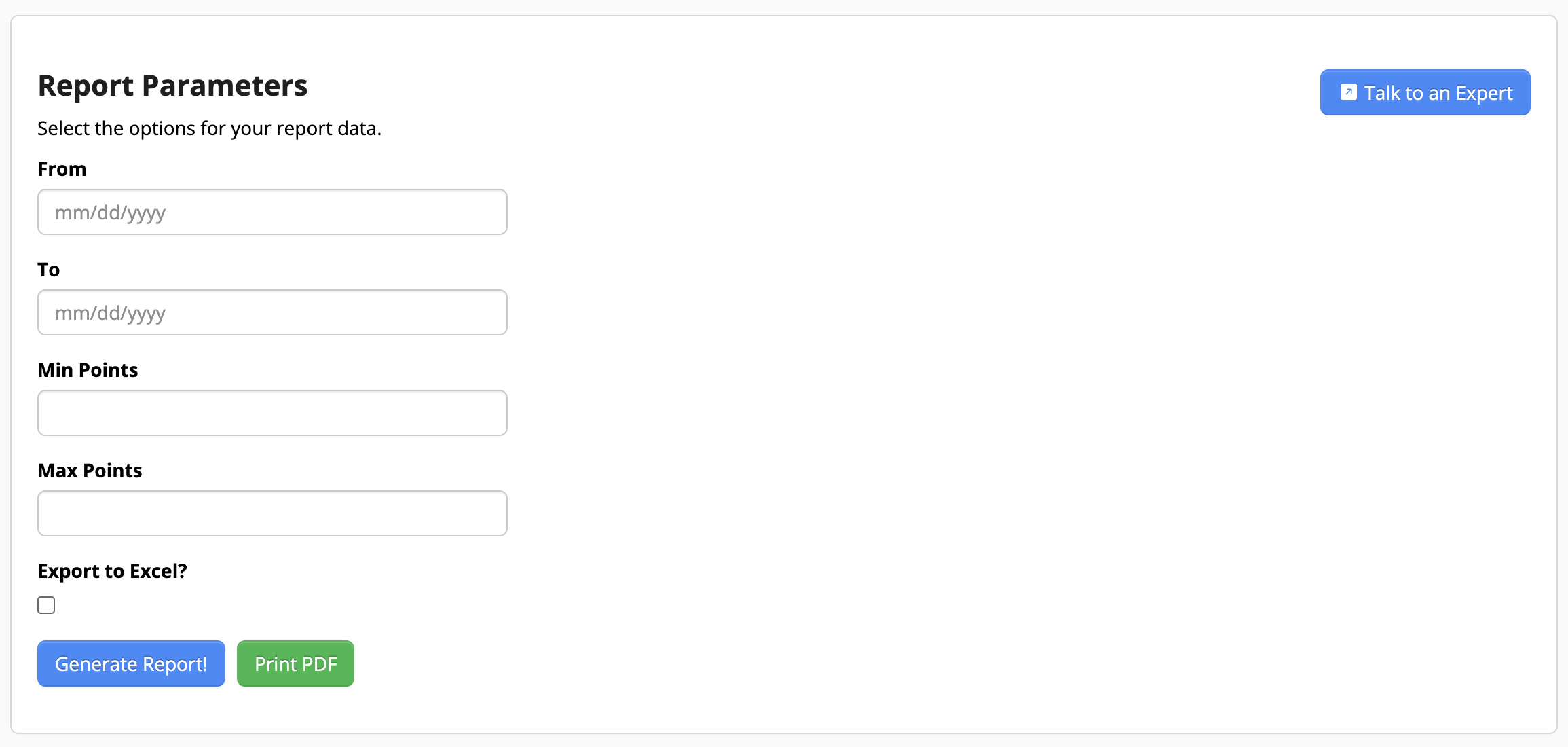 Form for report parameters and export options.