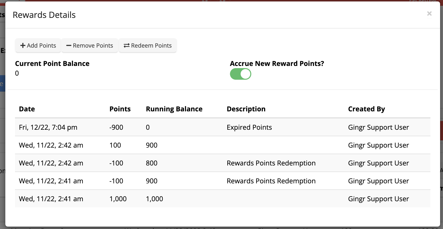 Rewards points balance and transaction history.