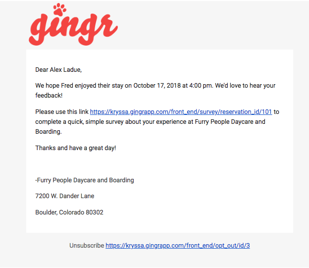Email from Gingr about feedback request.