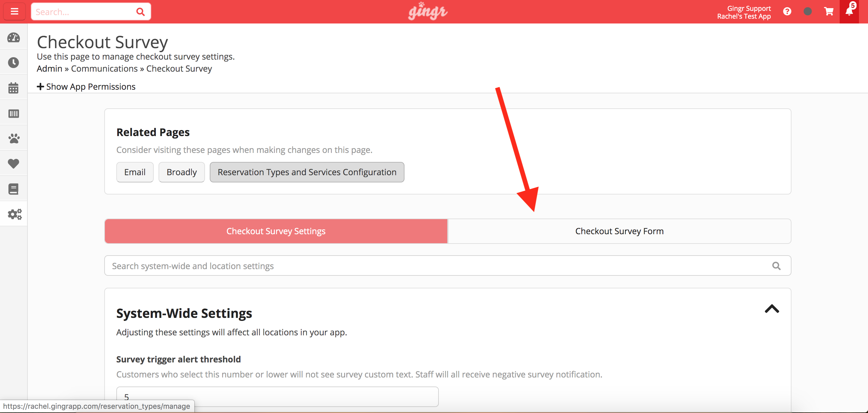 Checkout Survey Settings page interface