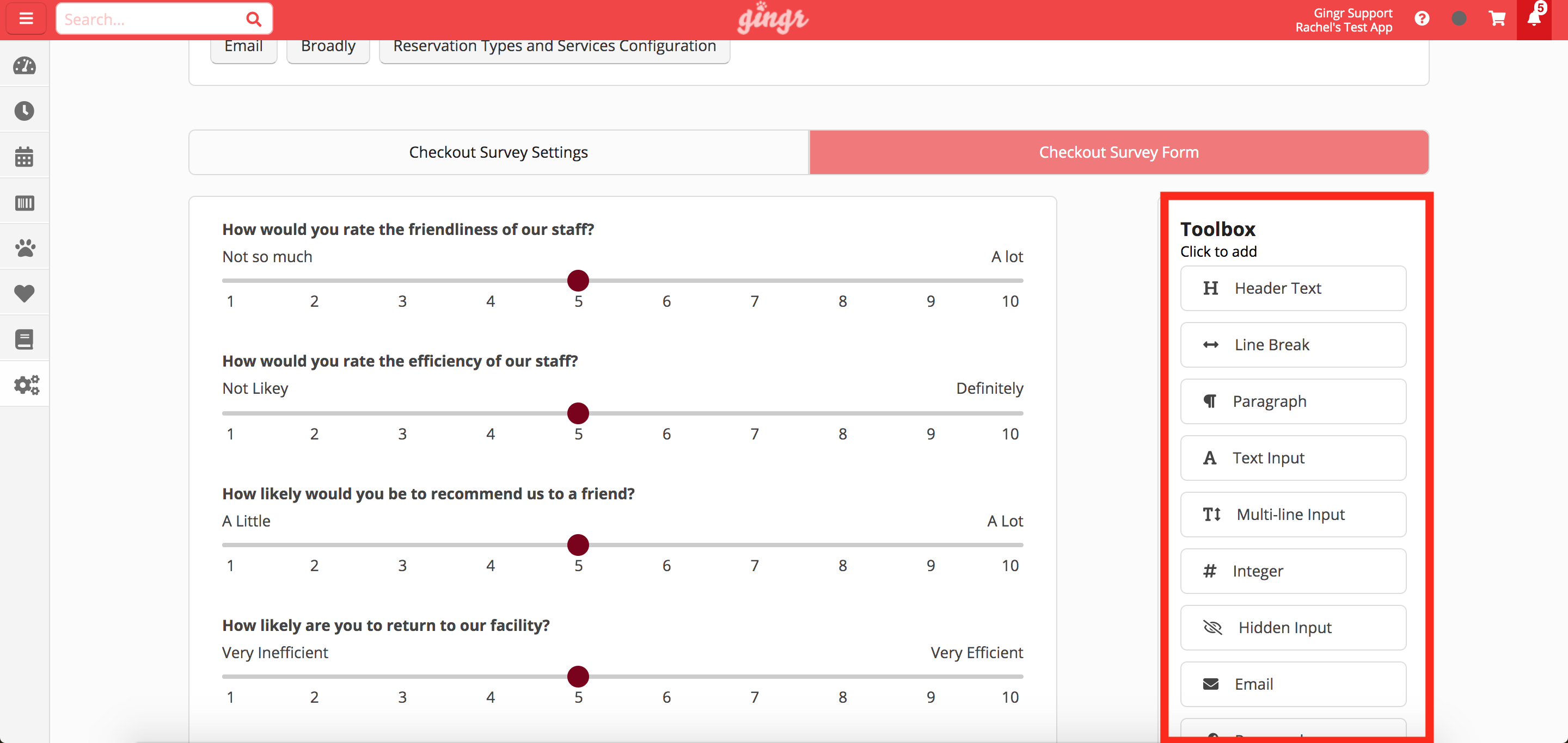 Survey form with rating scales and toolbox options.