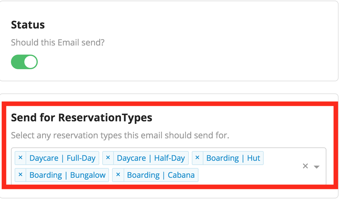 Email status toggle and reservation types list.