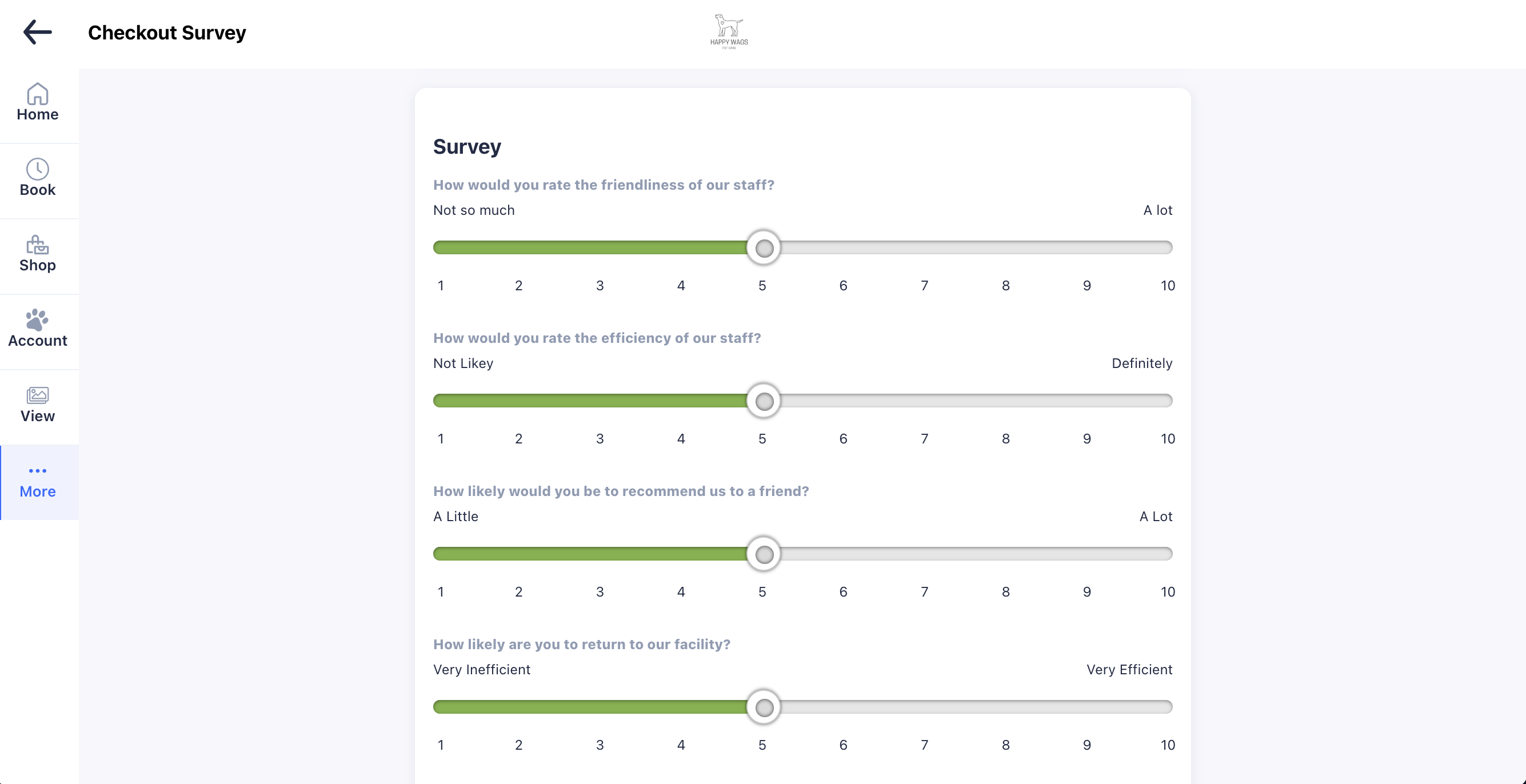 Survey with rating sliders and questions