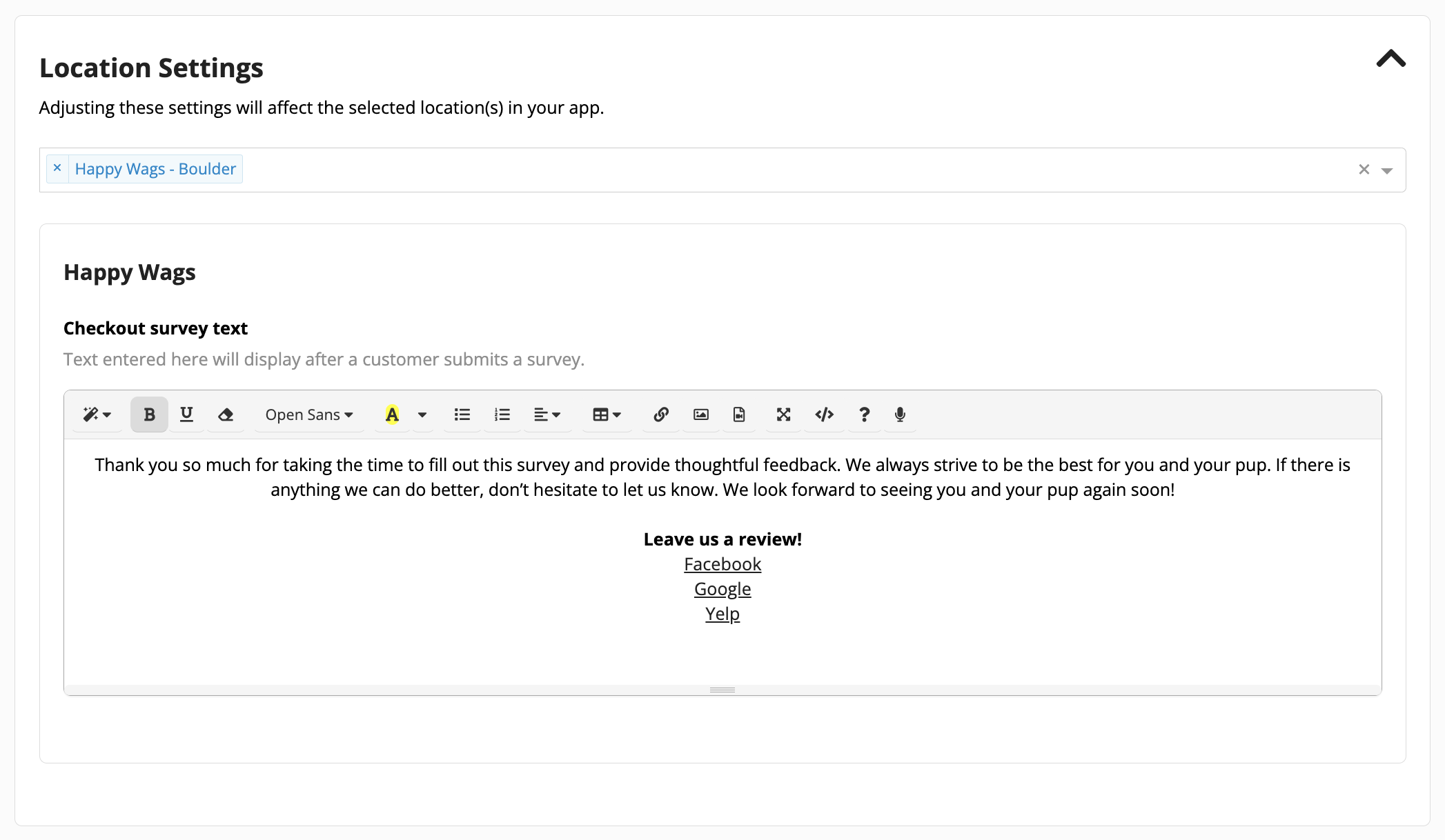 Survey feedback text with review links.