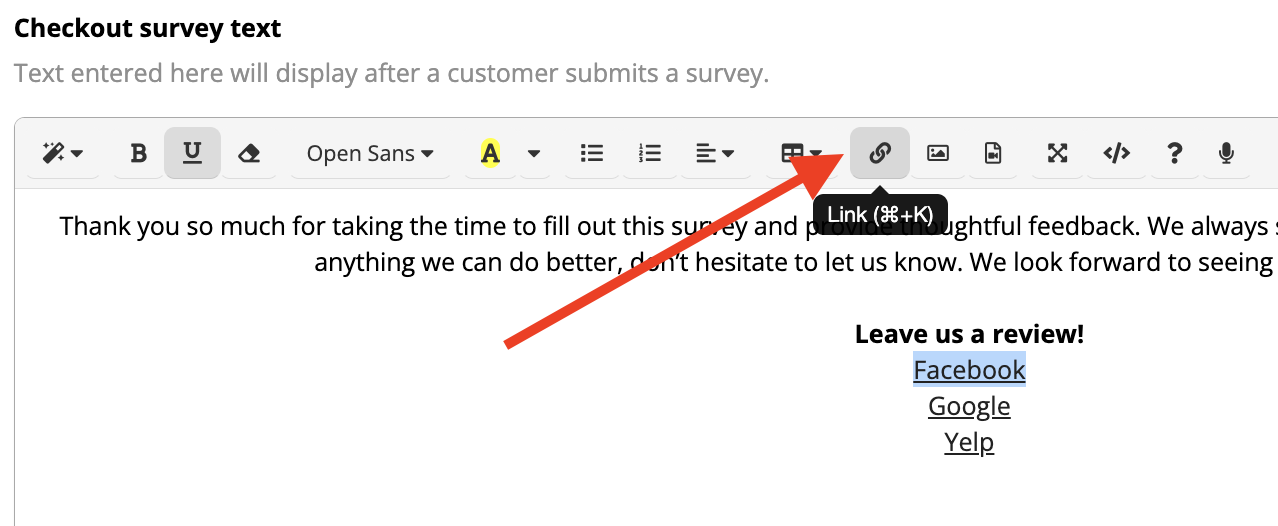 Text editor with link button highlighted.