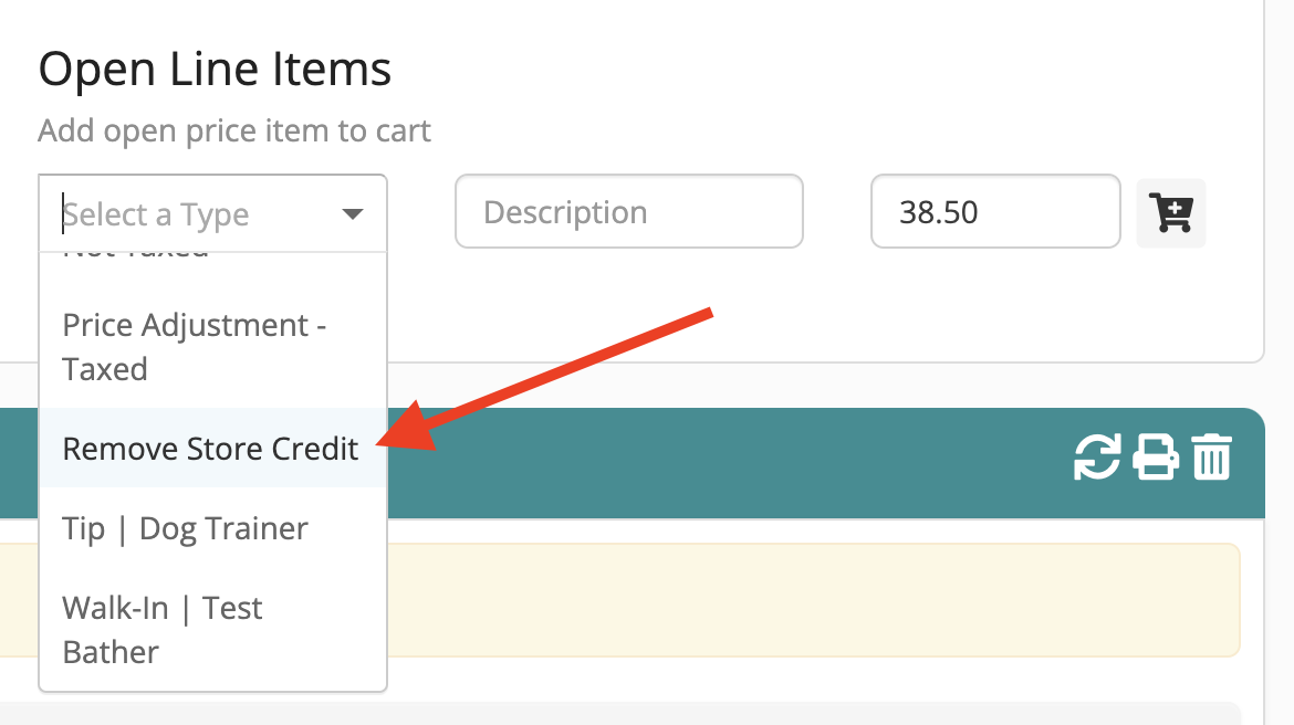 Dropdown menu with 'Remove Store Credit' option.