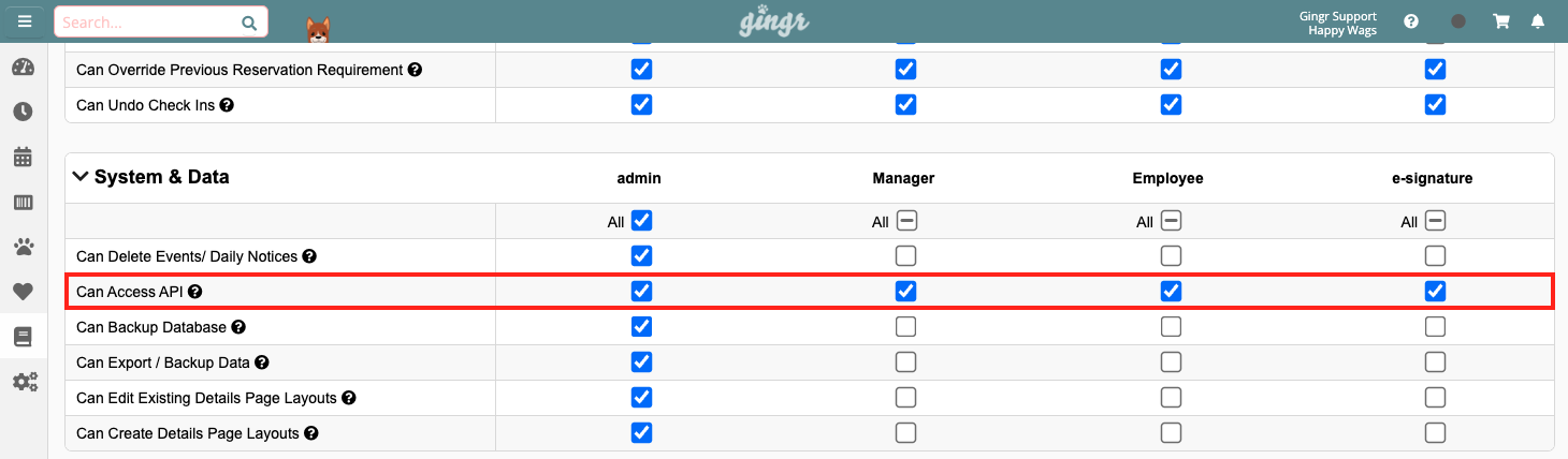 Access API permission settings table