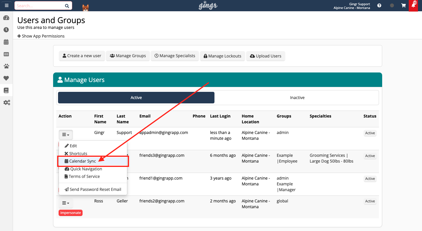User management interface with calendar sync option.