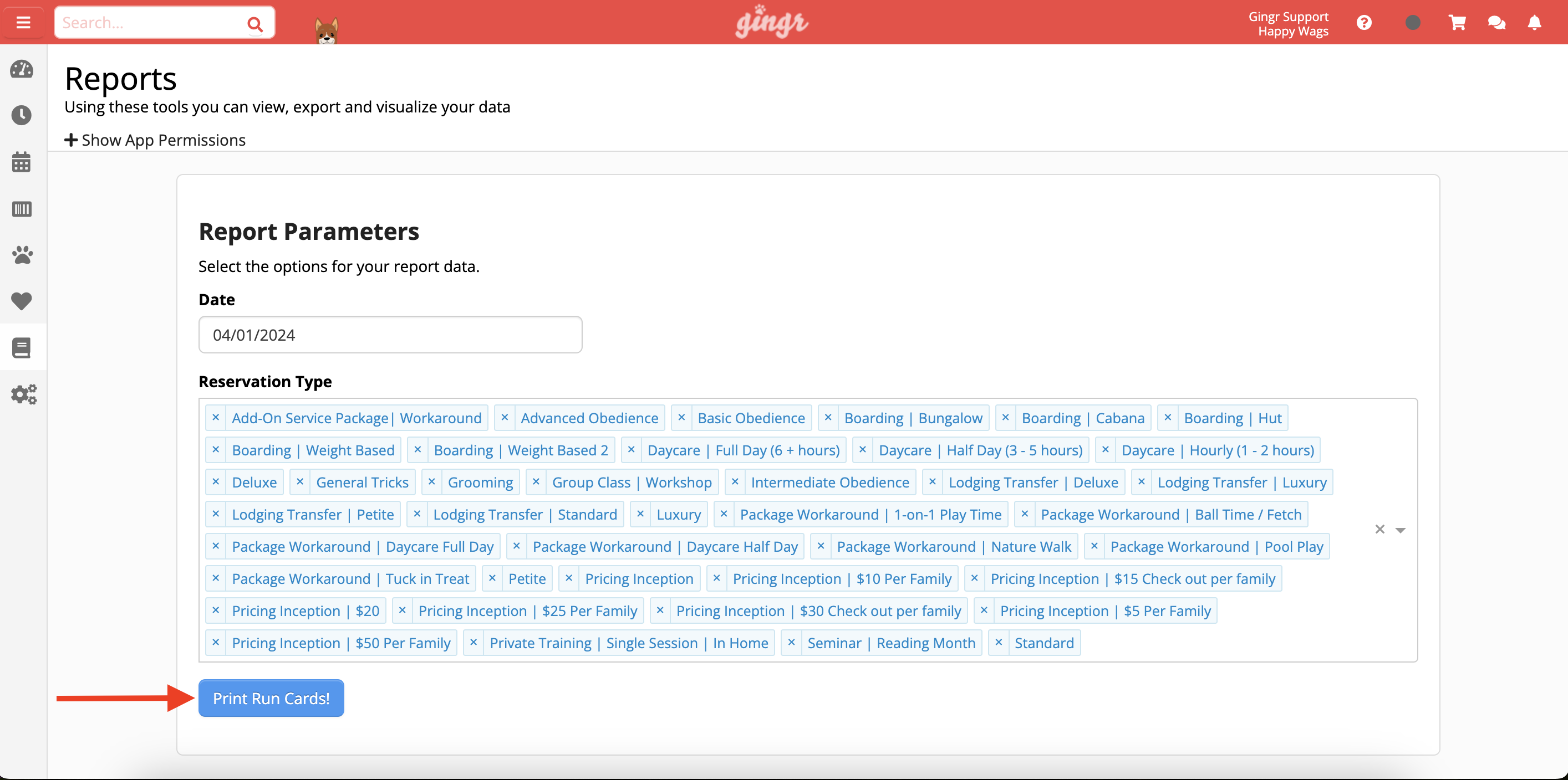 Report parameters with reservation types list.