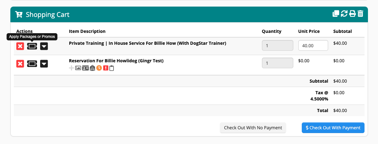 Shopping cart with training and reservation items.