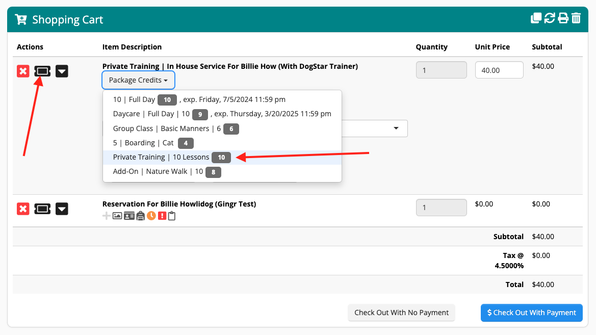 Shopping cart with training package options.