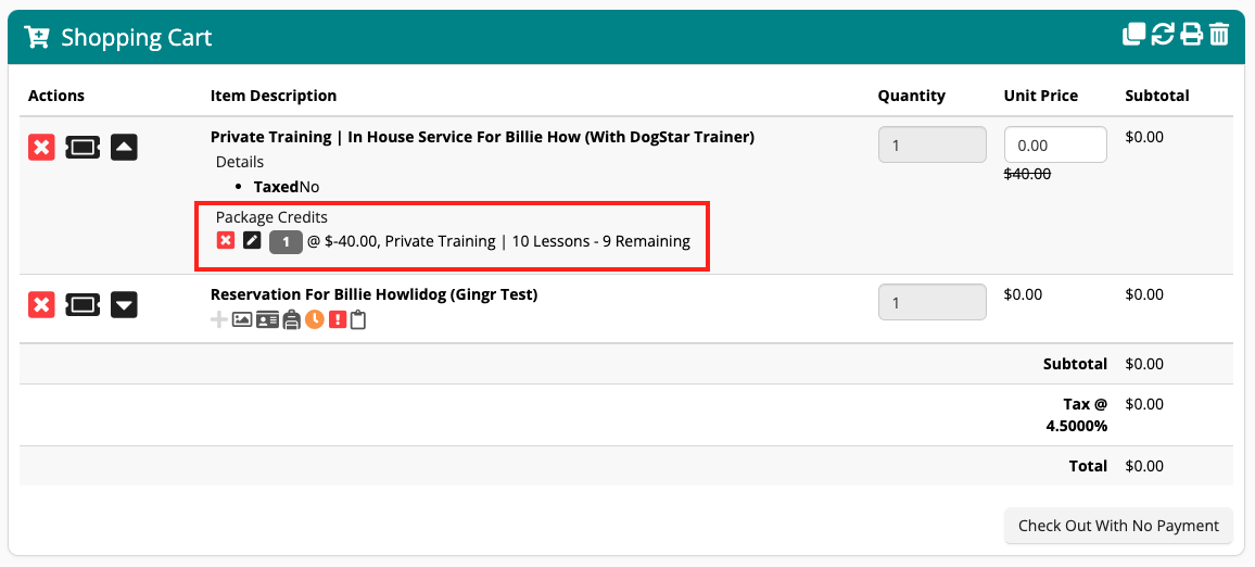 Shopping cart with training services listed.