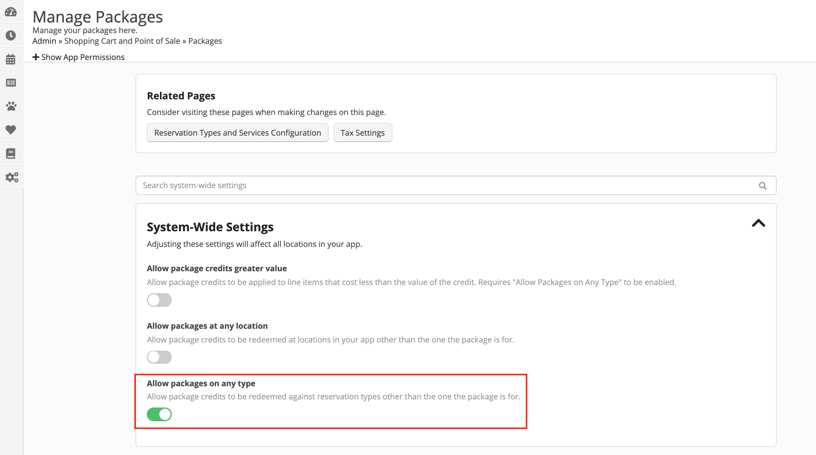 System-wide settings toggle options
