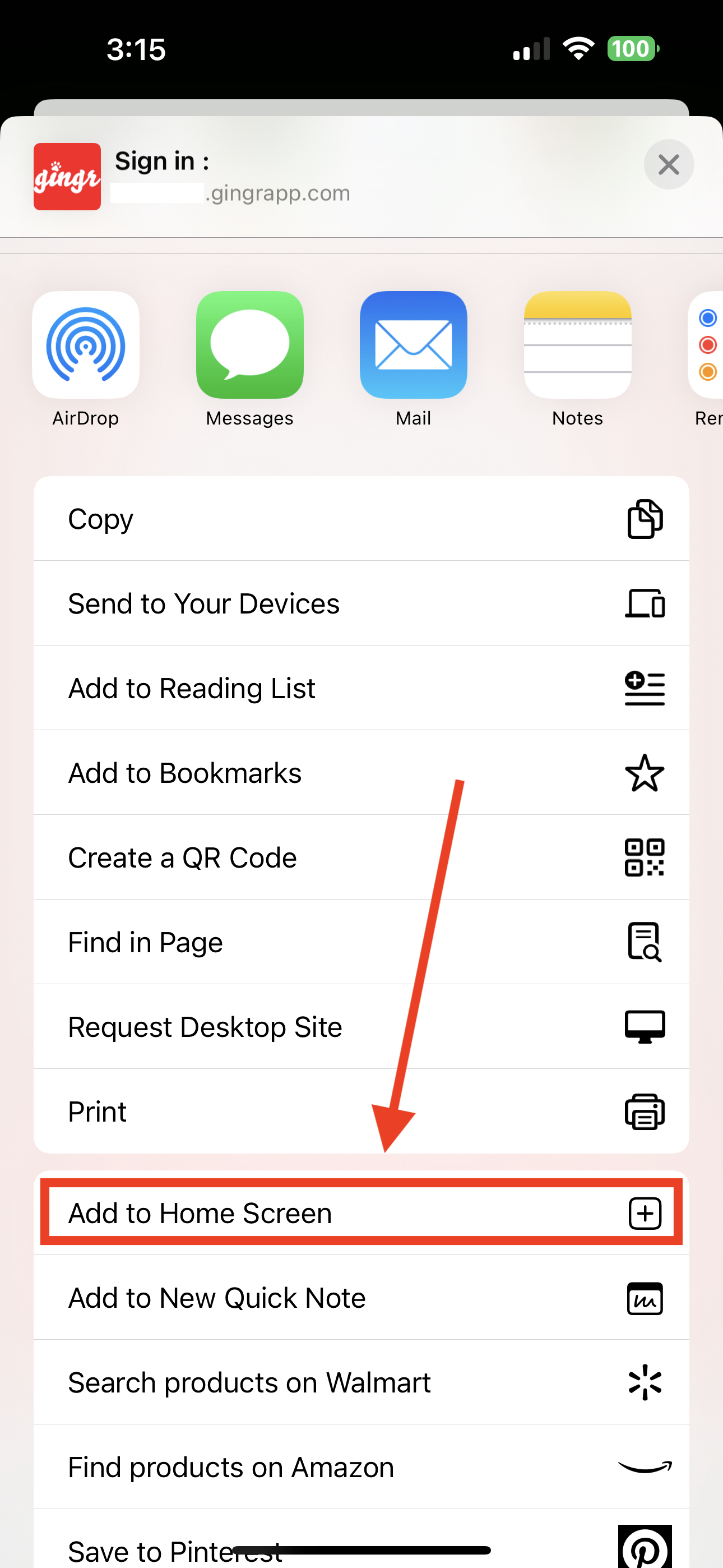 Add to Home Screen" option highlighted