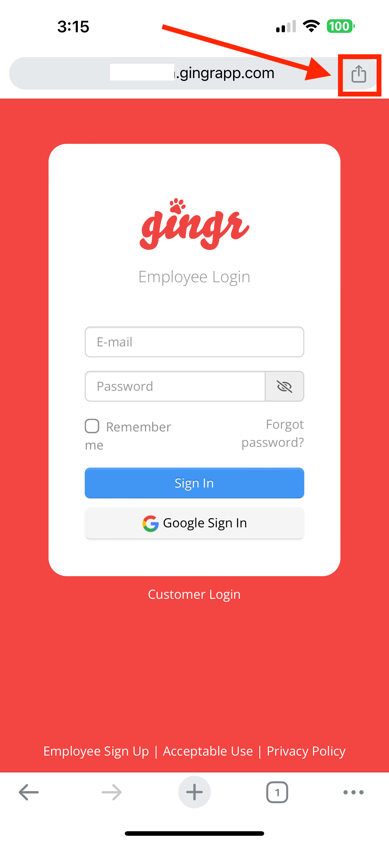 Employee login page with sign-in options.