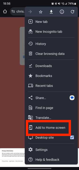 Add to Home screen" option highlighted