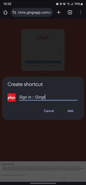 Create shortcut dialog on phone screen.