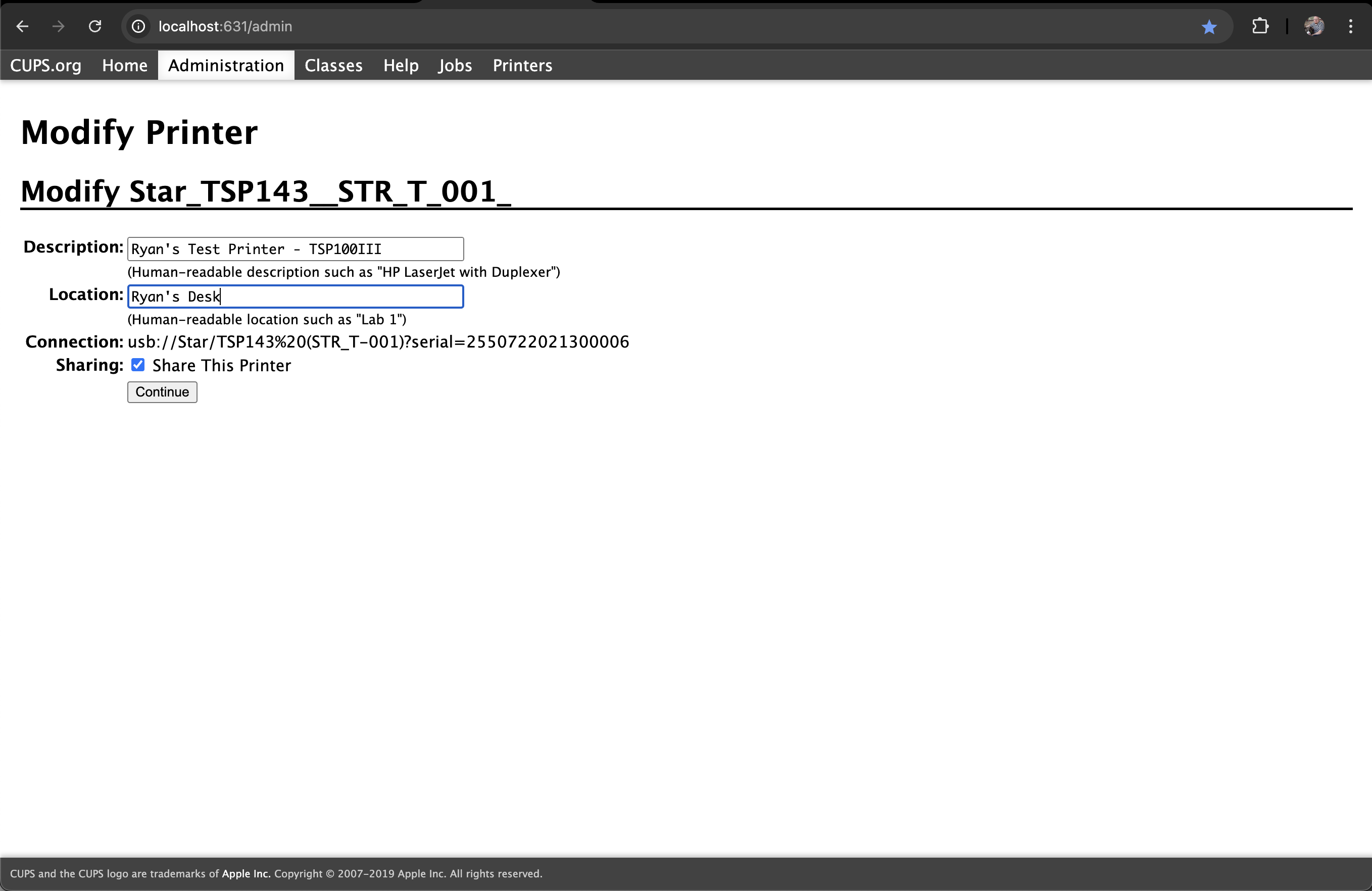Printer settings modification page