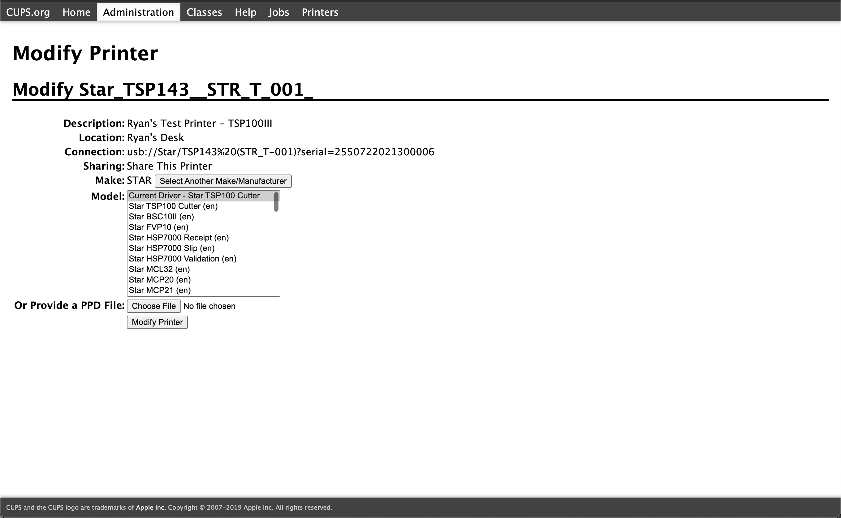 Printer settings modification screen