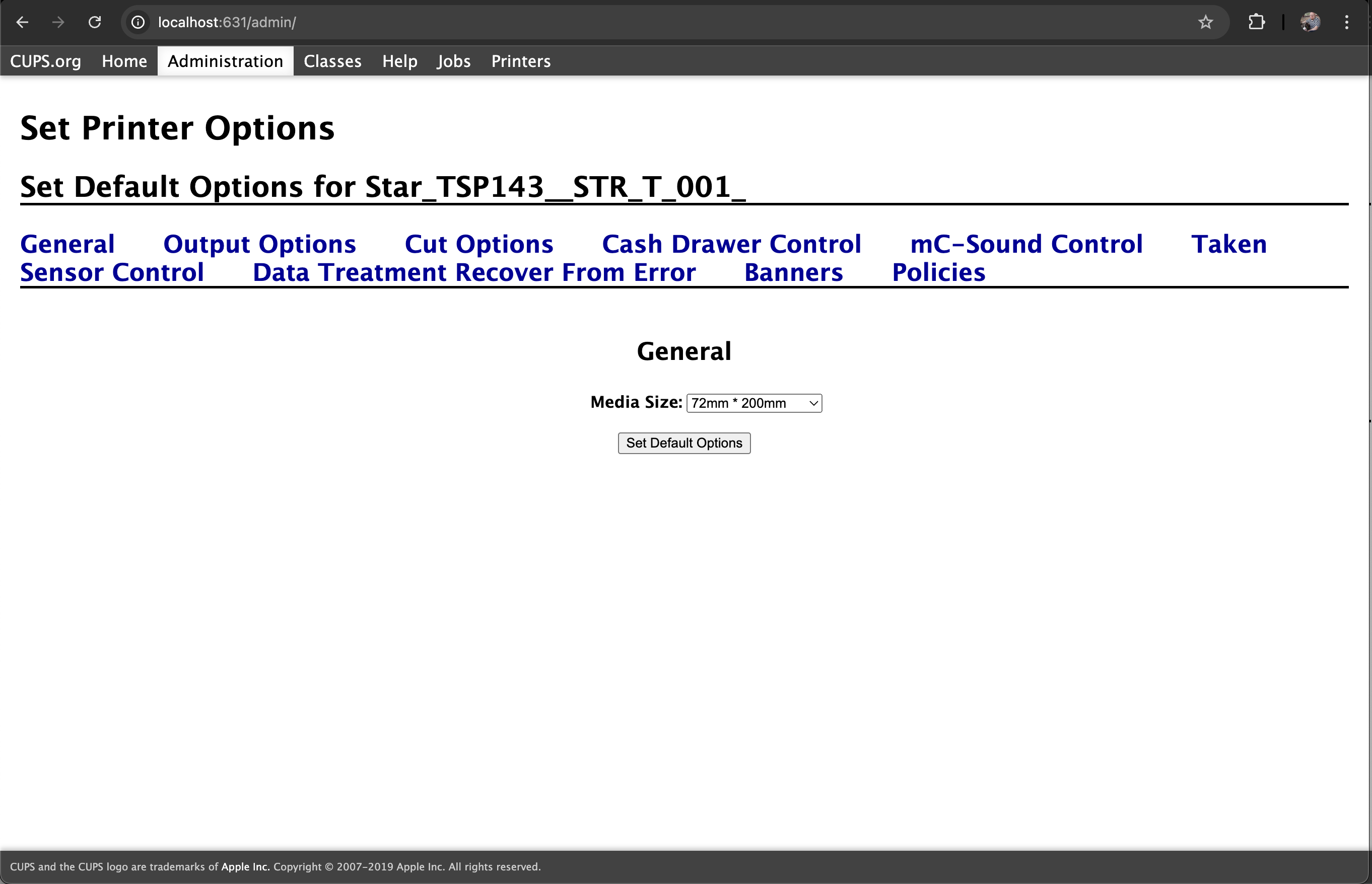 Printer options settings page.