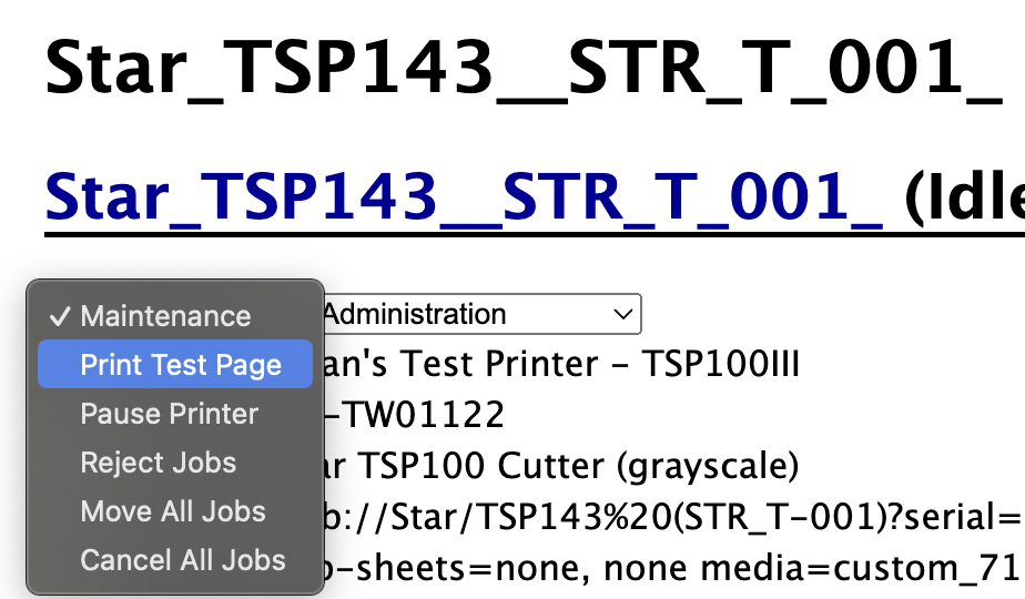 Printer menu with test page option highlighted.