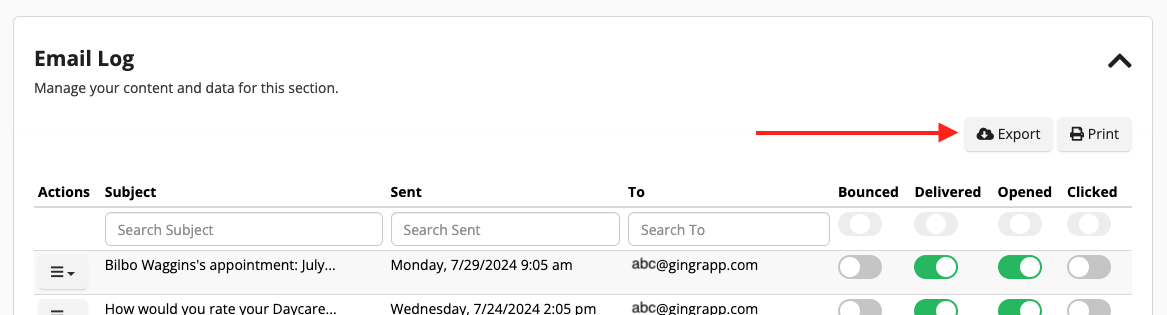 Email log with export and print options.