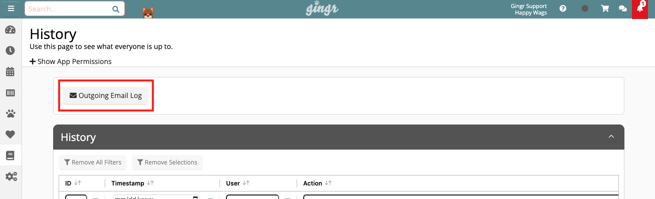 Outgoing Email Log page interface