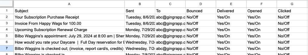 Email tracking spreadsheet screenshot