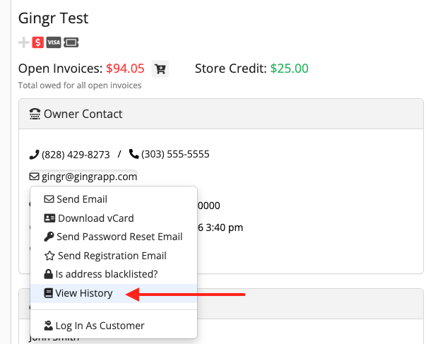 Dropdown menu with 'View History' option highlighted.