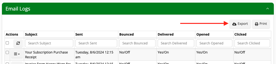 Email logs table with export button.