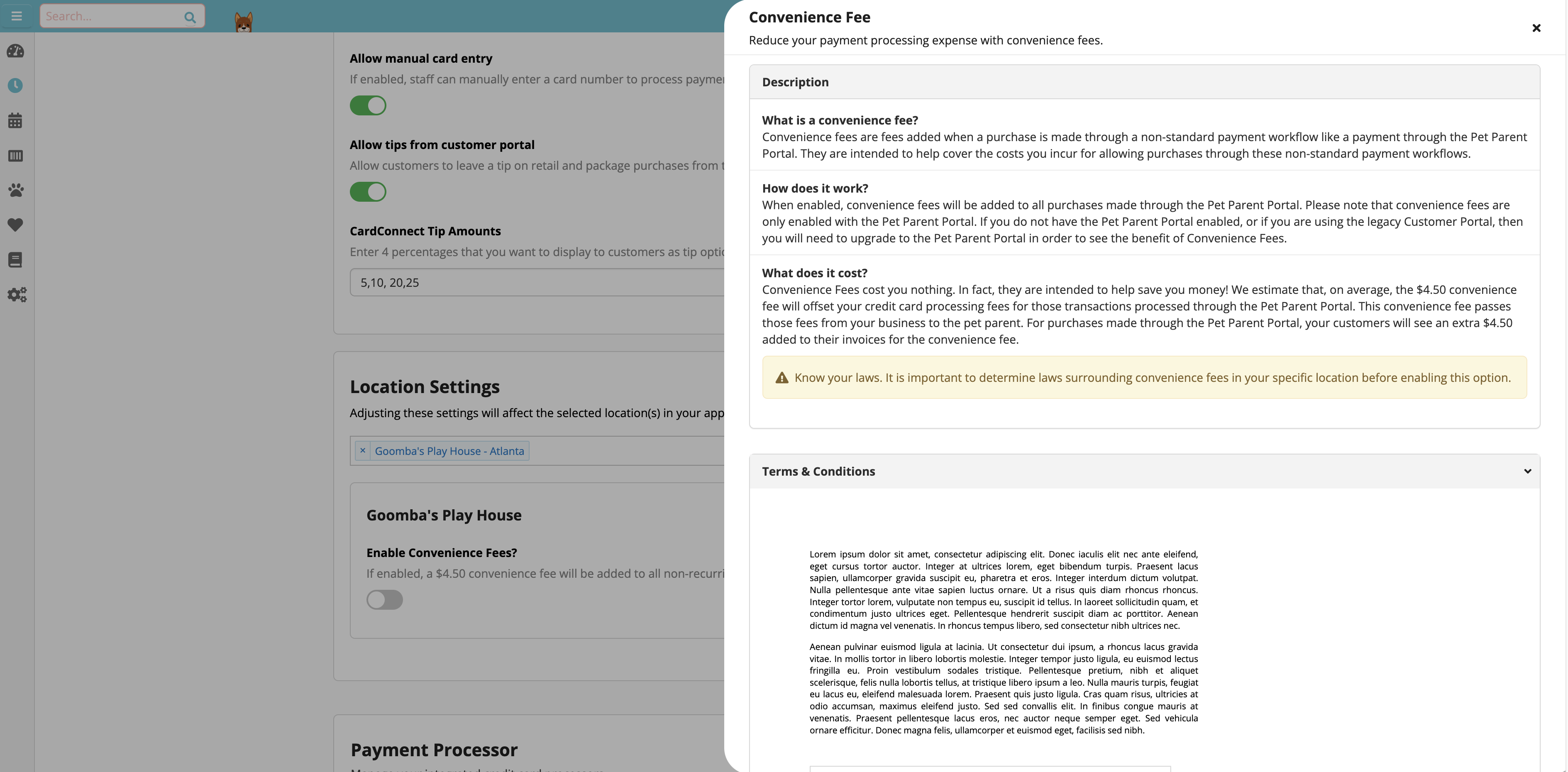 Convenience fee settings and description panel.