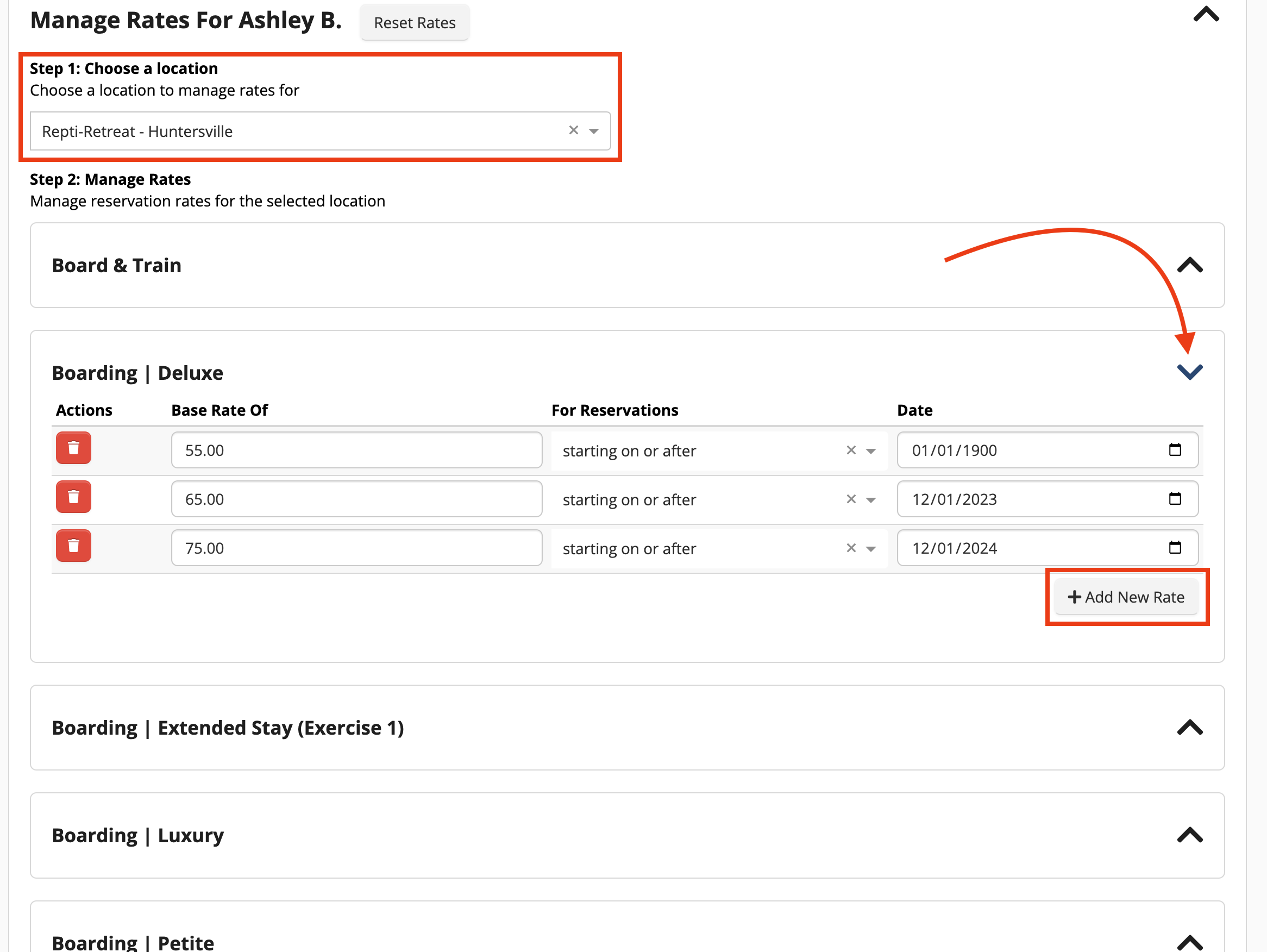 Manage rates interface with date options.