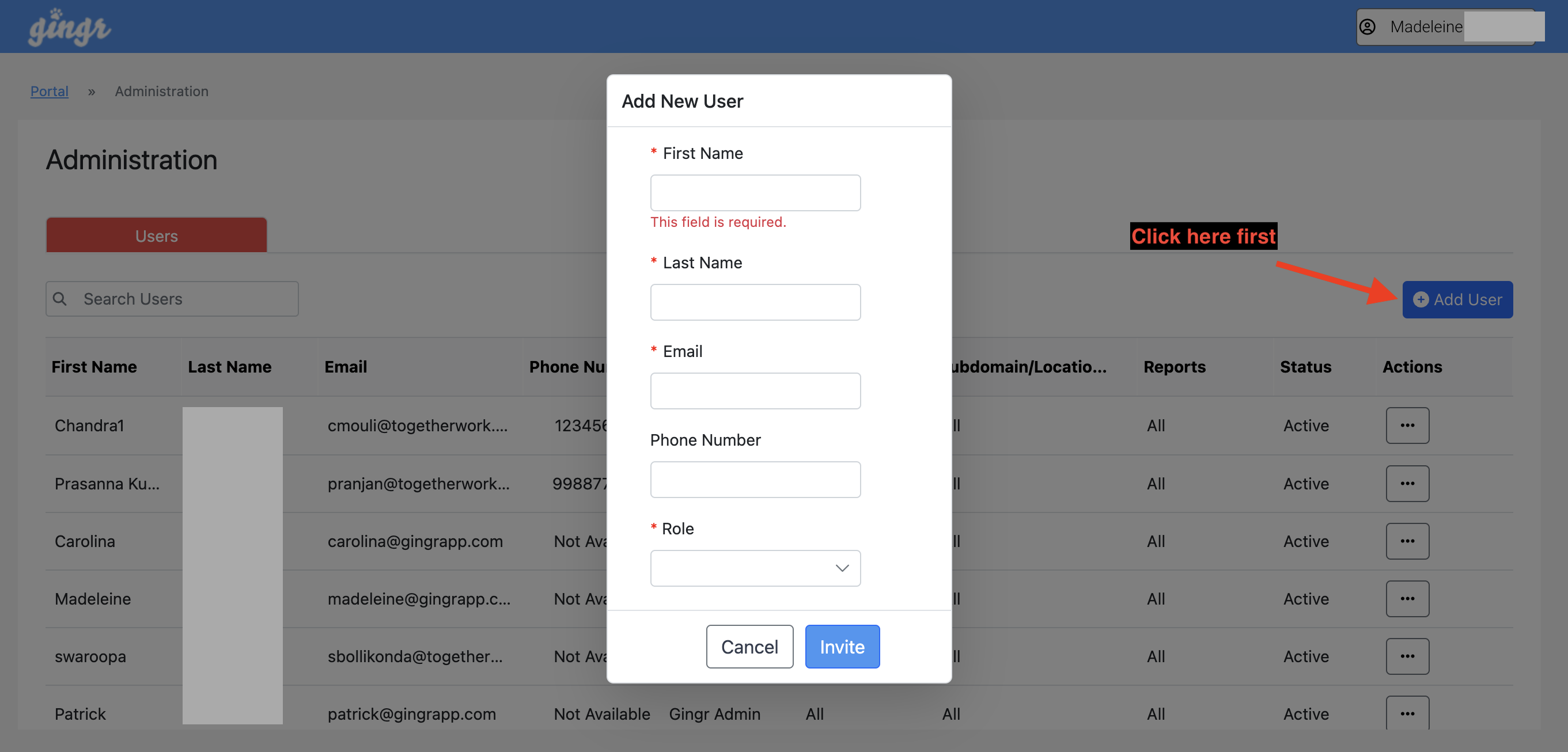 Add New User form on administration page