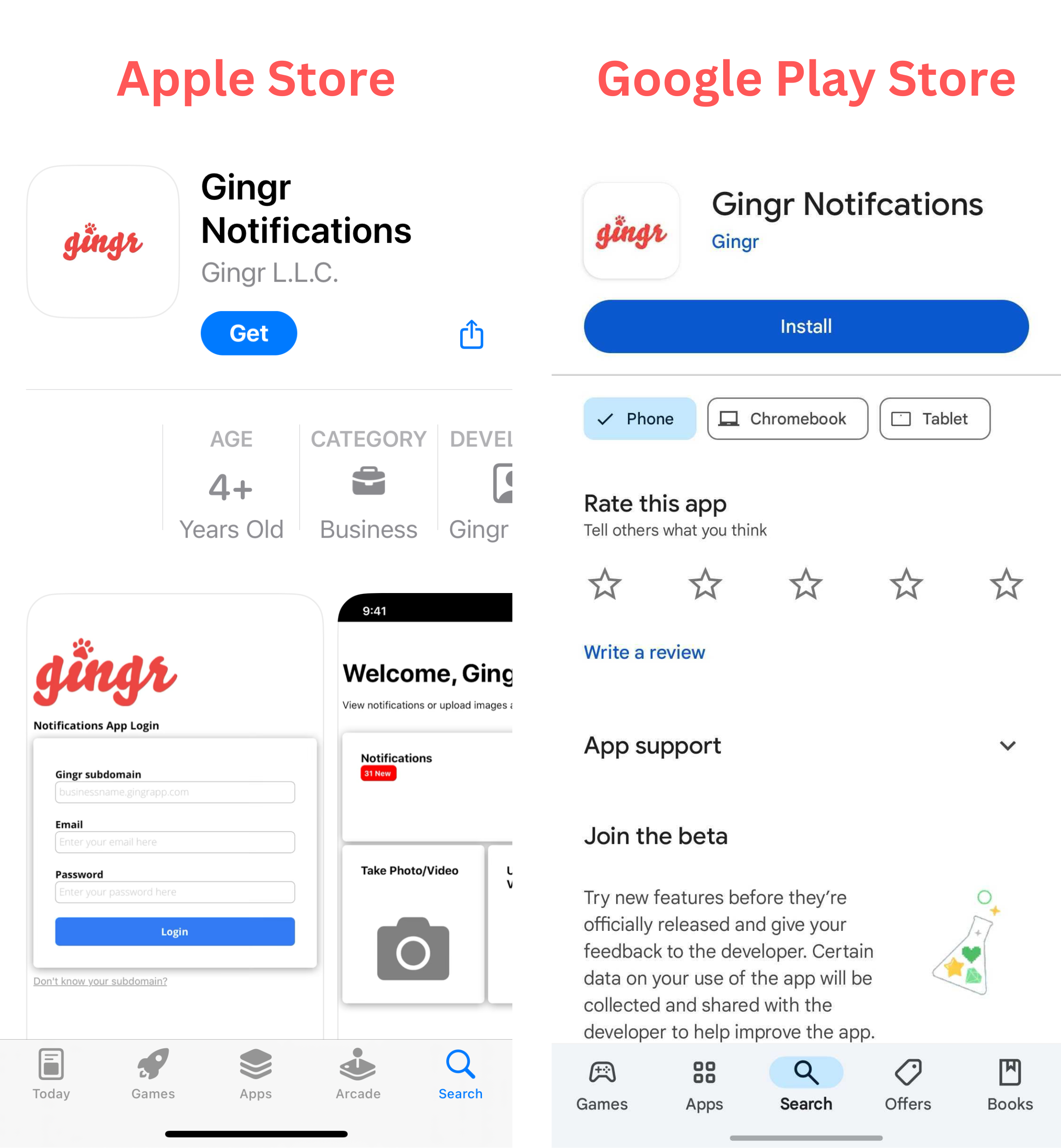 App store pages for Gingr Notifications app