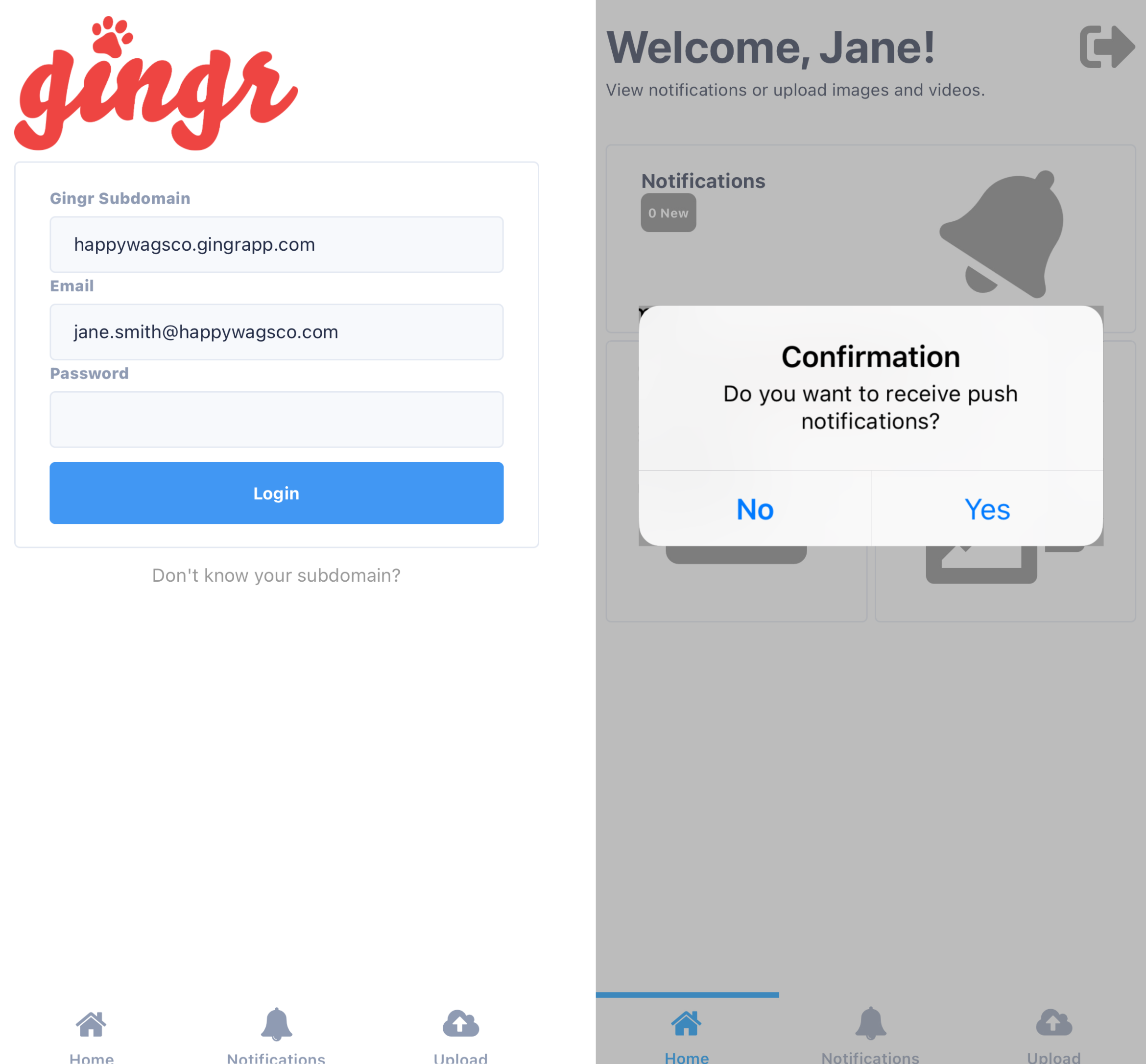 Login screen and notification prompt.