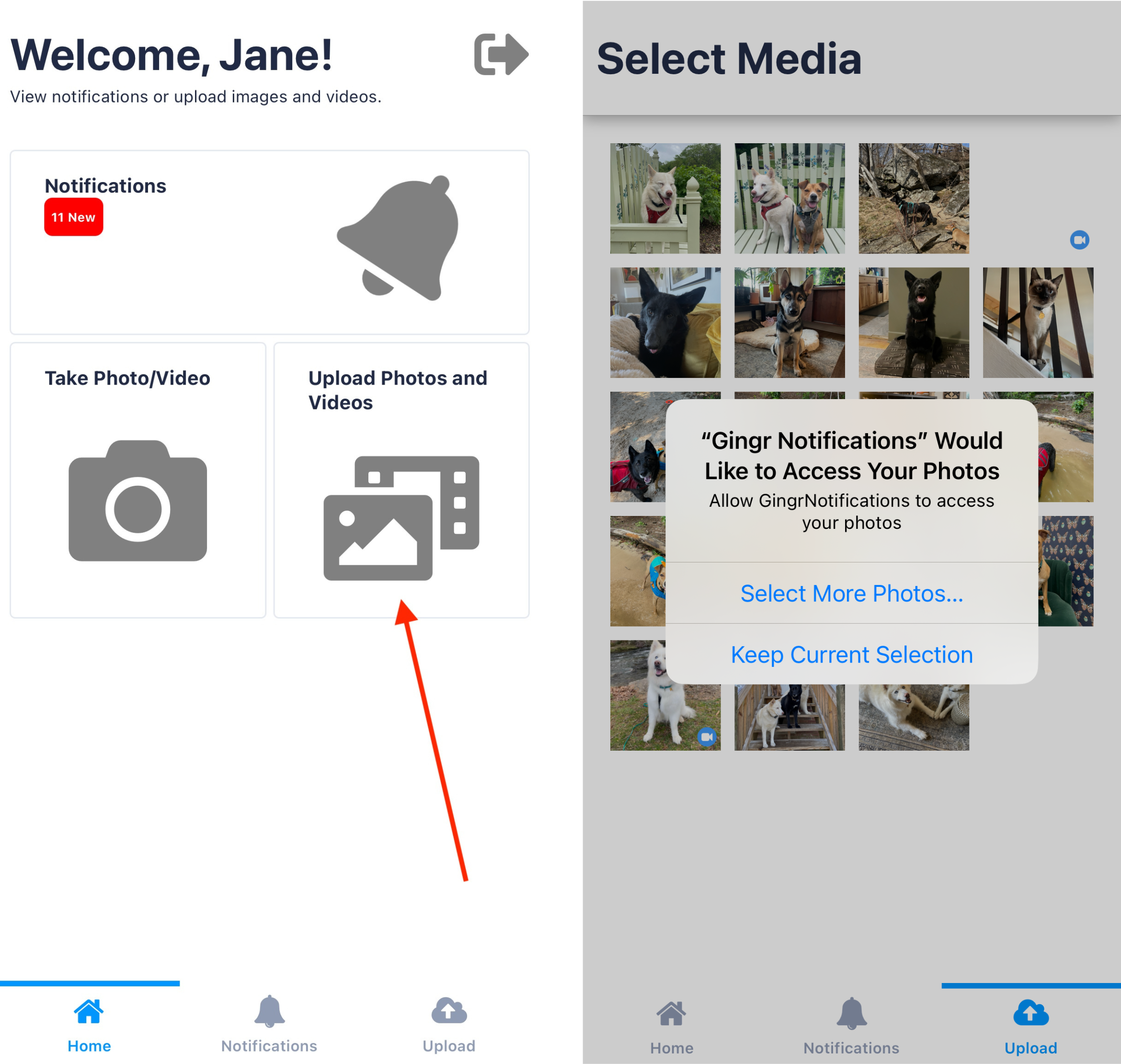 Upload photos and videos screen.