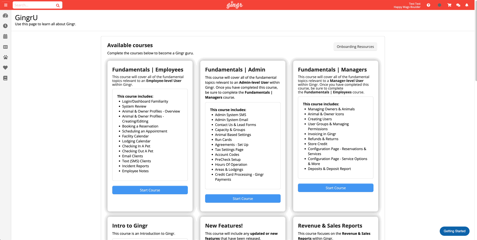 Course options on GingrU platform.