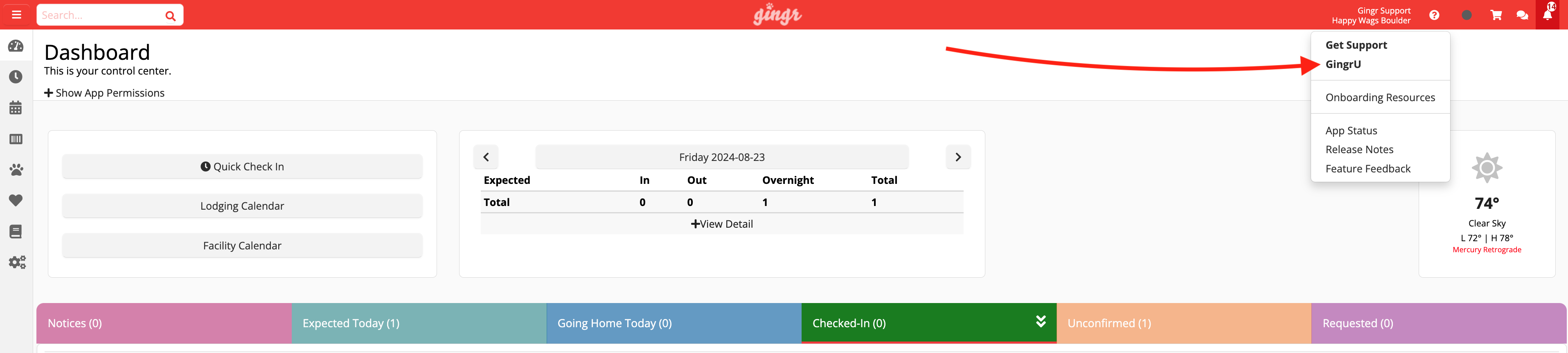 Dashboard interface with menu options.