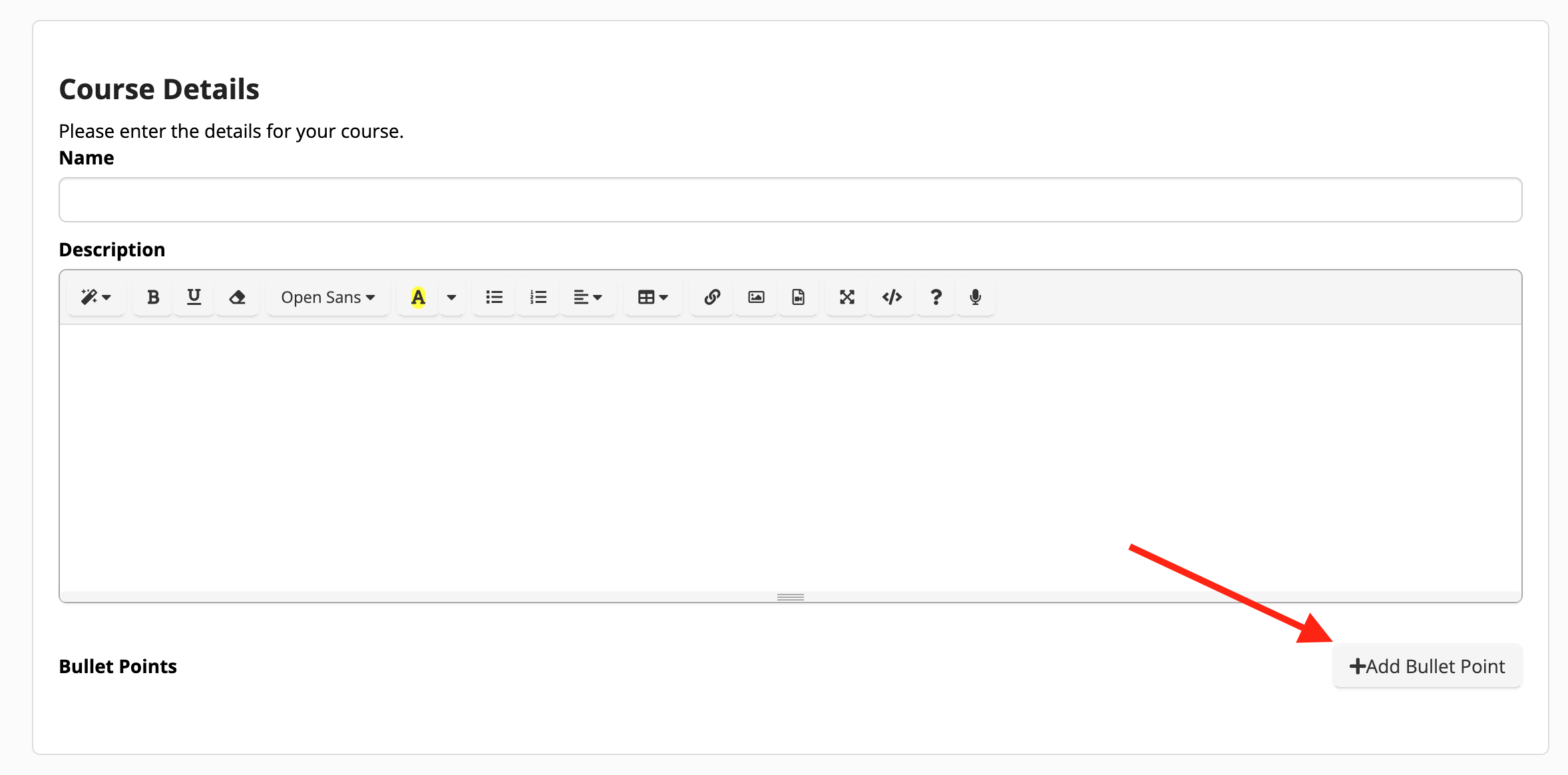 Course details form with add bullet point button.