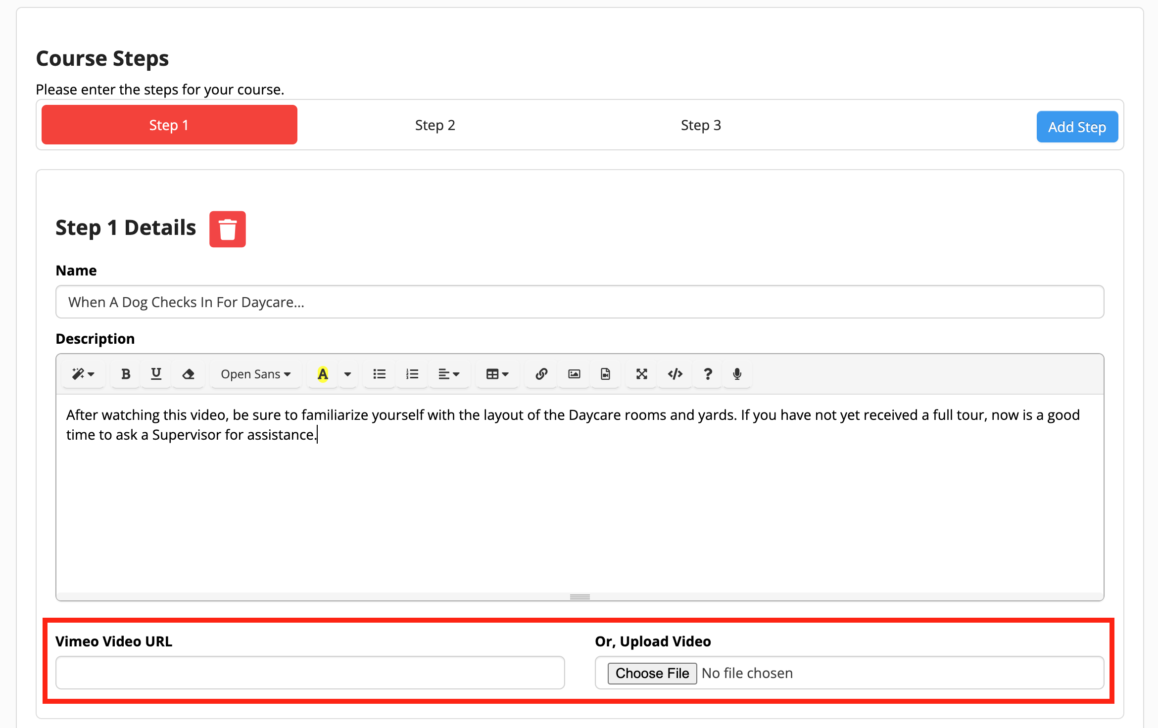Course step details with video upload option.