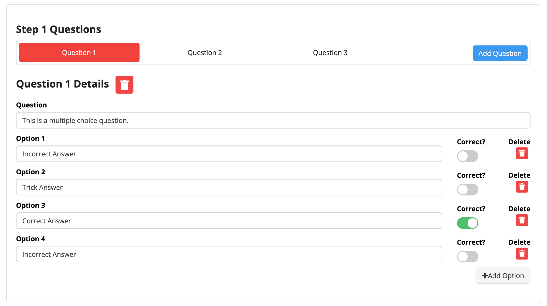 Multiple choice question setup interface
