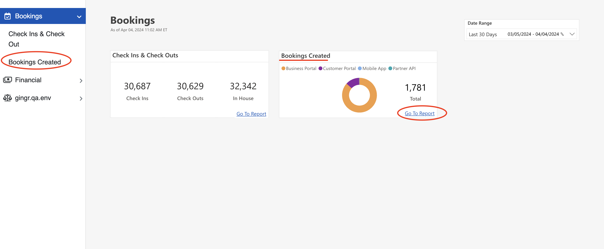 Bookings dashboard with check-in stats.