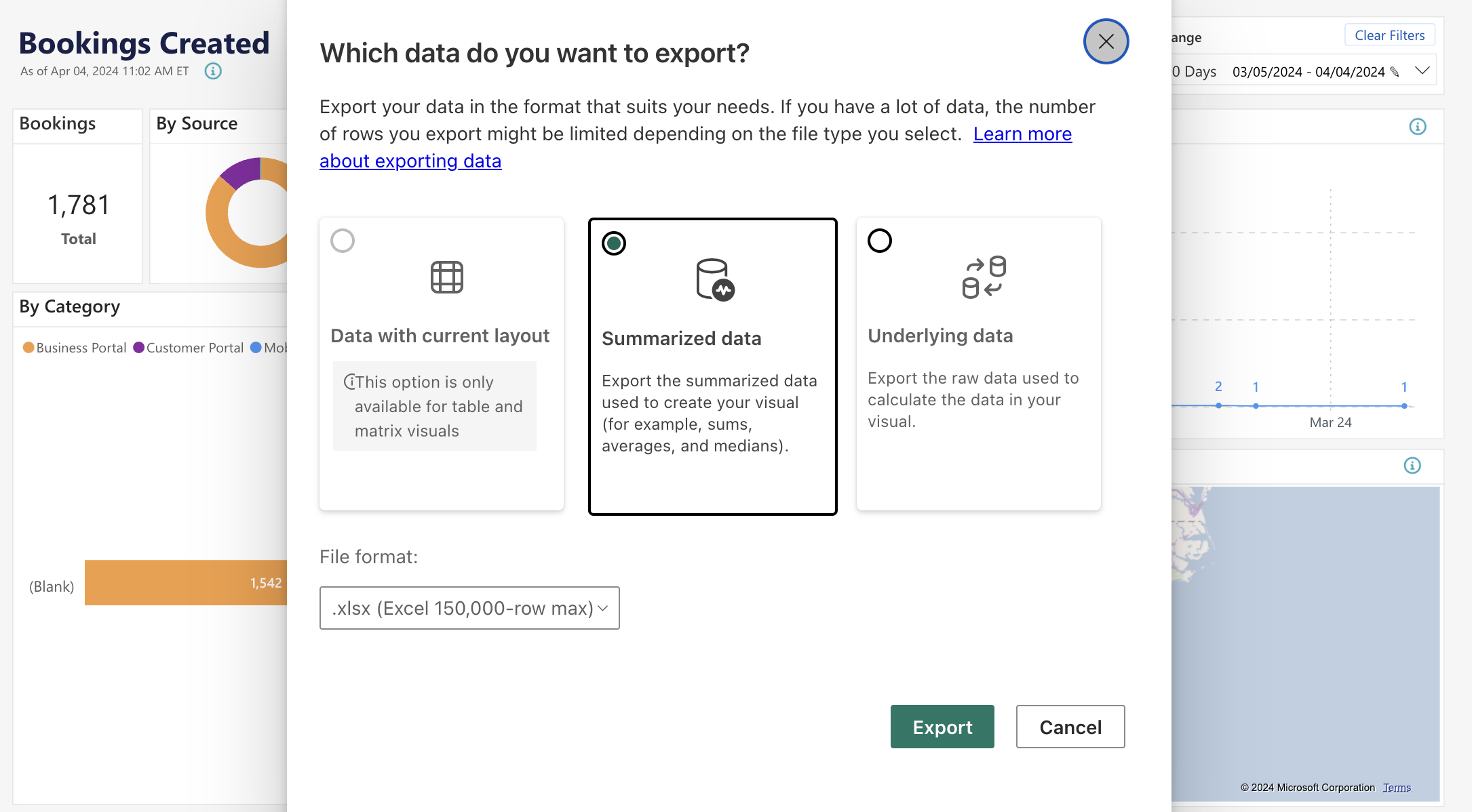 Data export options screen with file format choice.