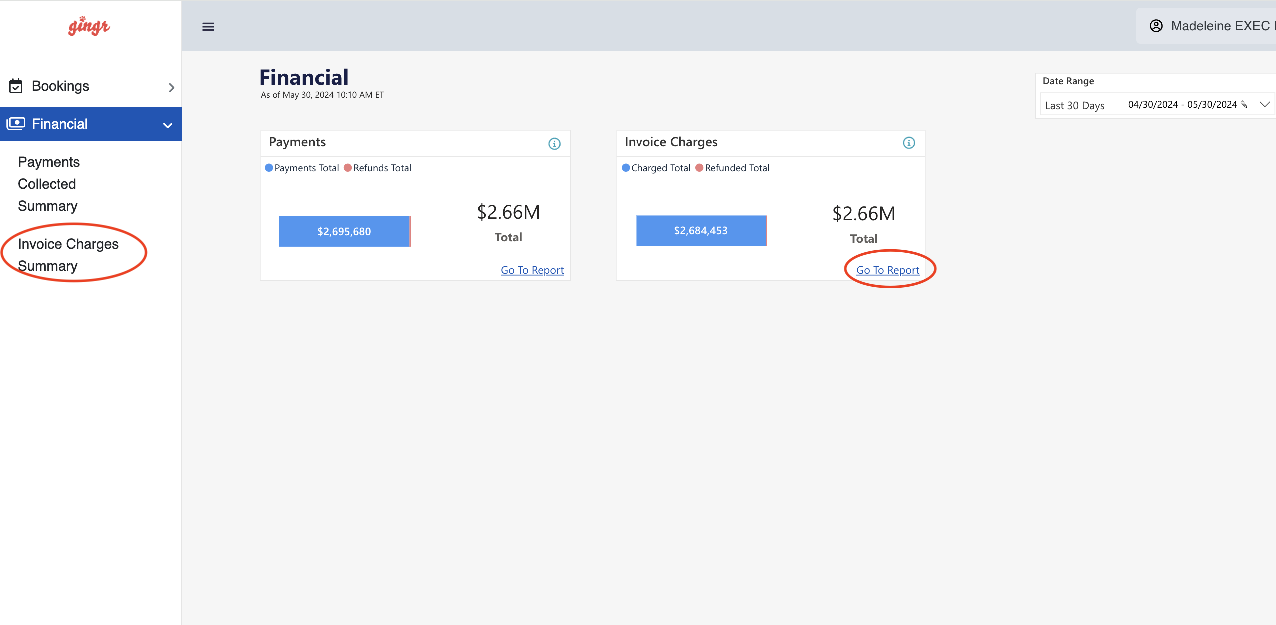 Financial summary with payments and charges.