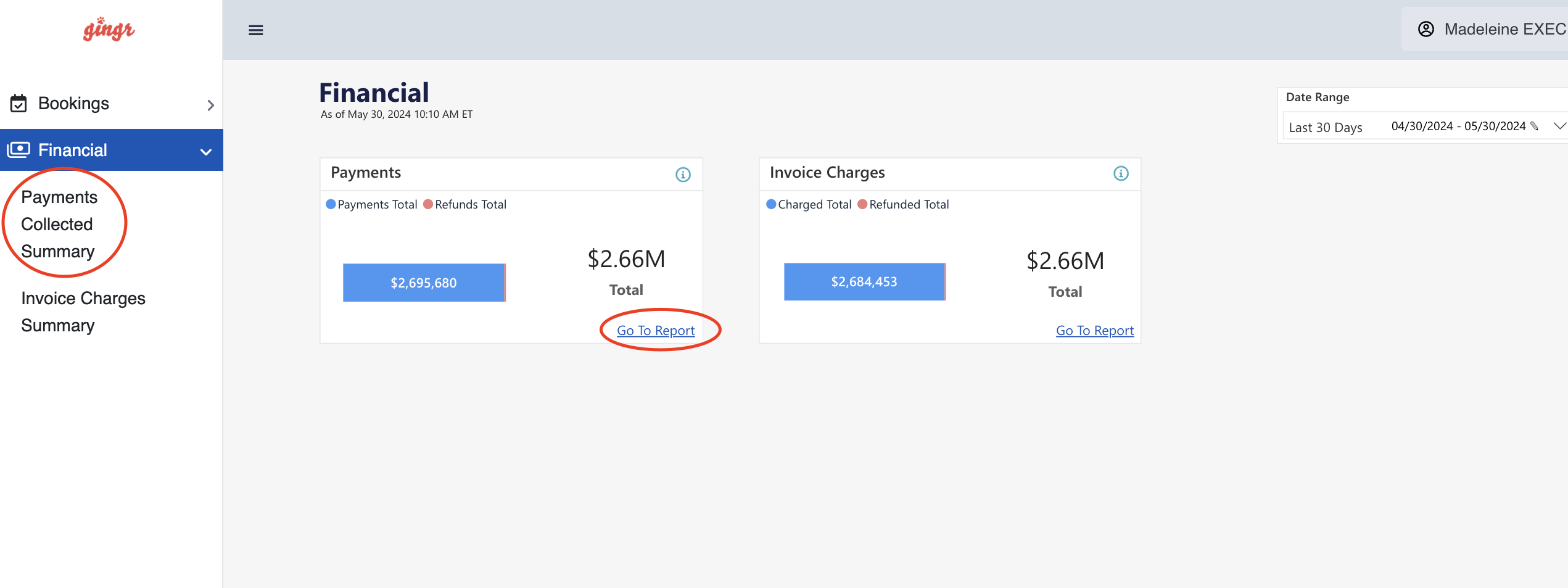 Financial summary with payments and charges.