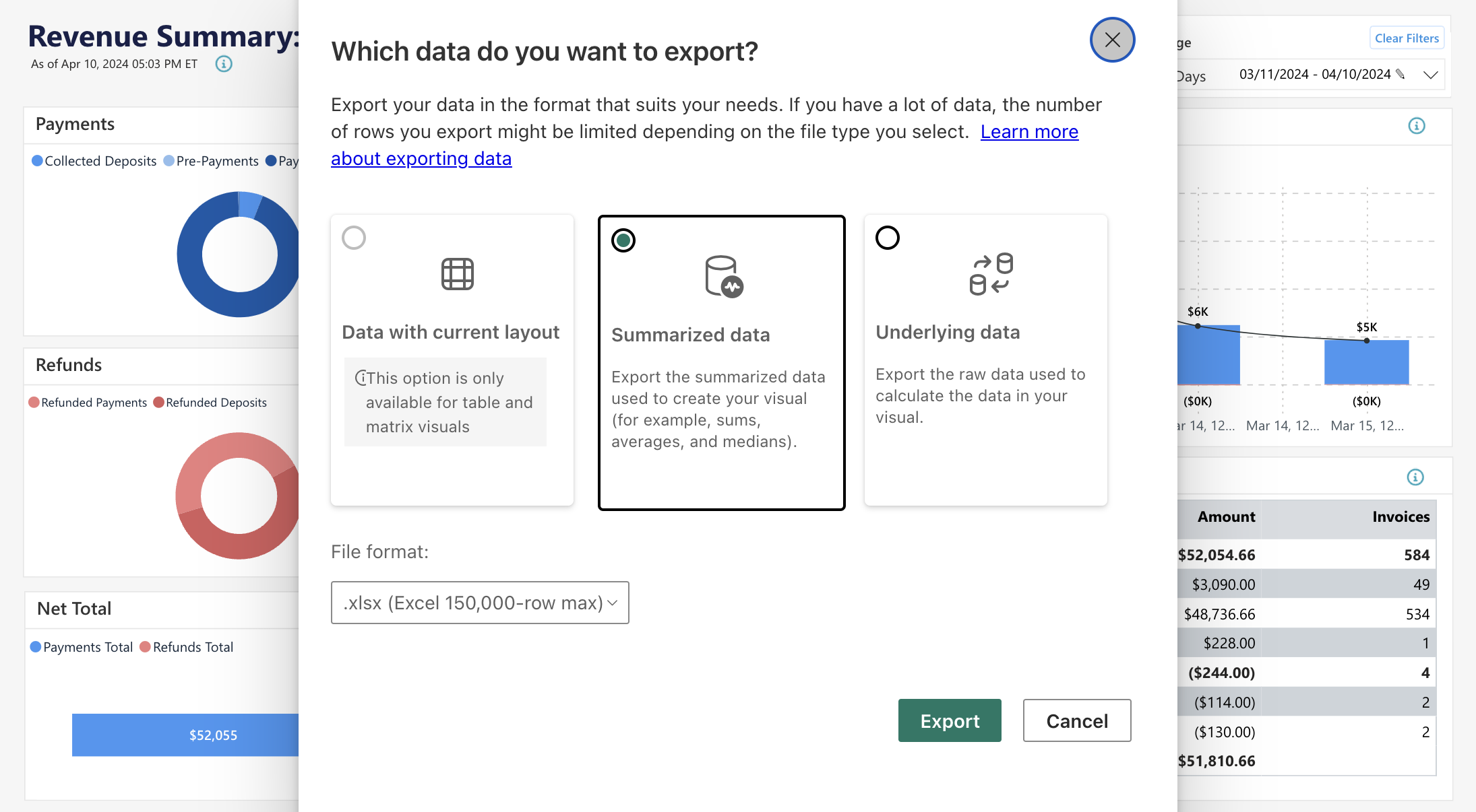 Data export options with pie charts and table.