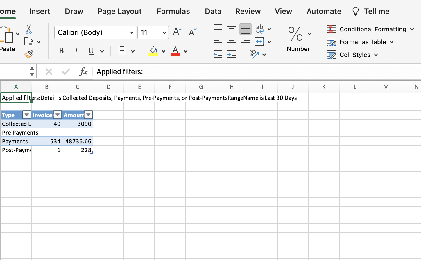 Spreadsheet with payment data and filters