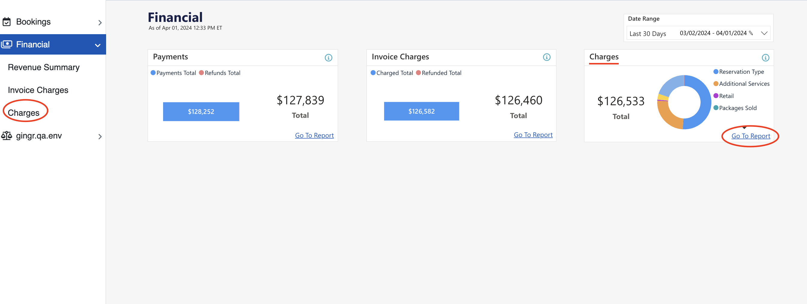 Financial dashboard with charges and payments.